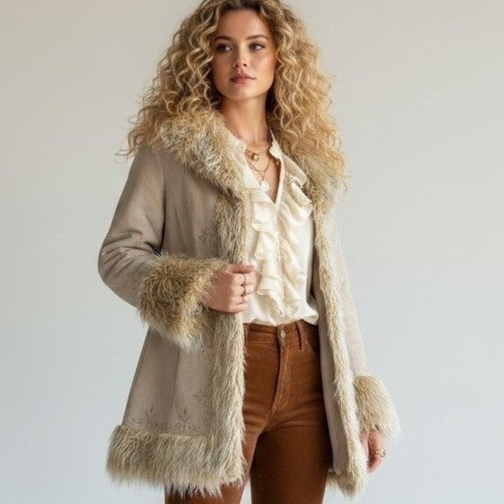JLC New York Tan Suede Leather Penny Lane Coat Faux Fur Trim Embroidered Medium